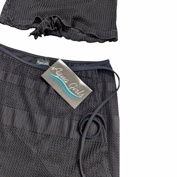 NWT S/M French Swim Wrap Skirt Halter Set Black Stretch Tie Back Lined - Picture 3 of 11